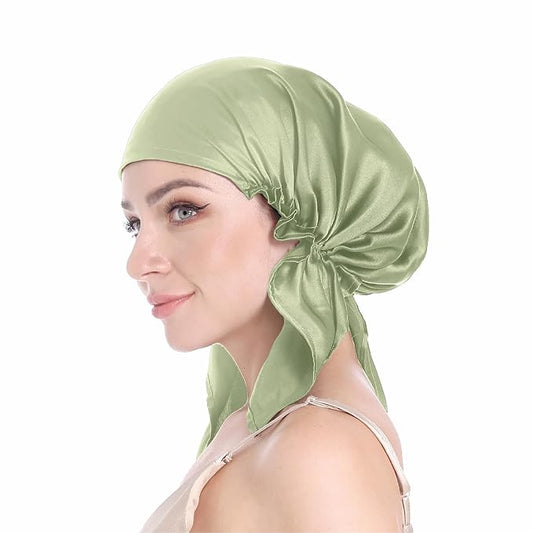100% Silk Bonnet for Sleeping, Hair Bonnet with Tie Band, Large Silk Sleep Cap for Curly Hair, Silk Hair Wrap for Hair Care (Sage Green)