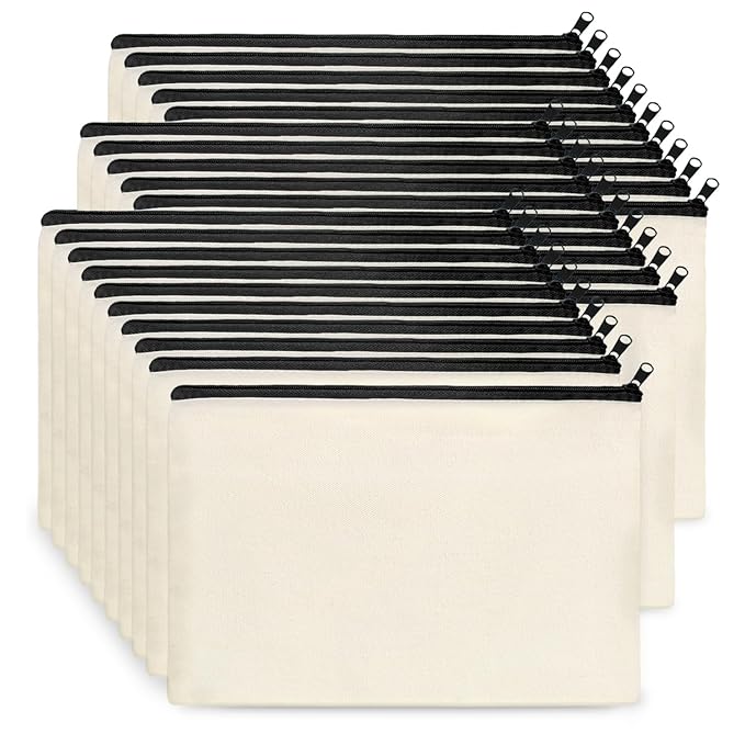 Koolmox 30 Pencil Pouch with Zipper 8x5'', Cotton Canvas Toiletry Pouch, Bulk Plain Cosmetic Bags for Women Pencil Case Vinyl Projects Crafts, Beige Make Up Pouches with Black Zippers