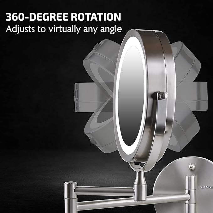 OVENTE 7" Lighted Wall Mount Makeup Mirror with 1X/7X Magnification, Cordless Double Sided Magnifying Round Vanity Mirror, 360° Swivel Design, Extendable and Folding Arm, Nickel Brushed MFW70BR1X7X