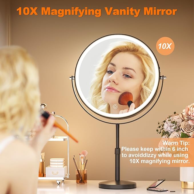 Hasipu 10-inch Lighted Makeup Mirror with Magnification, Rechargeable 3000 mAh Vanity Mirror with Lights, Desk Mirror with Dimmable Brightness, 3 Lighting Modes, Height Adjustment, Black