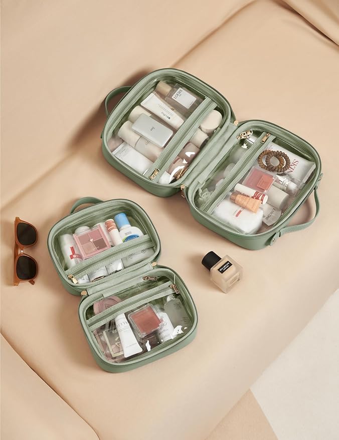 Clear Cosmetic Bag Double Layer 4 Compartments Travel Toiletry Bag Clear Makeup Bag Case with Zipper Transparent Travel Bag for Toiletries, TSA Approved, Gift for Women Girls (Sage Green)