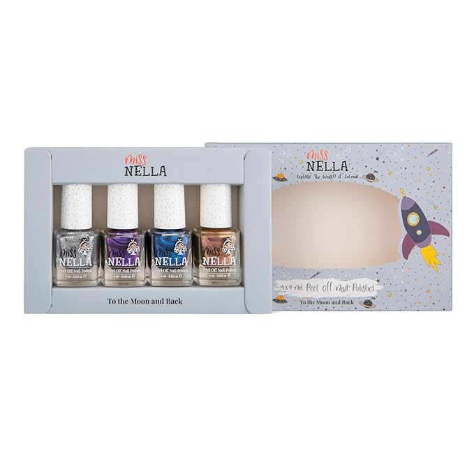 MISS NELLA SPACE COLLECTION Metallic Nail Polish for kids, set of 4 varnishes: silver, bronze, purple & blue, Peel- Off varnish for toddlers