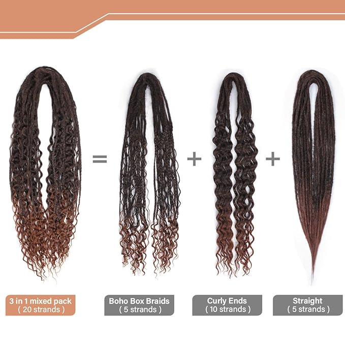 24 Inch DE Dreadlock Extensions Sets, 20 Strands 3 In 1 Mixed Synthetic Dreads Extensions, Ombre Auburn Straight&Curly&Boho Handmade Dreads Hippie Style Dreadlocks for Woman