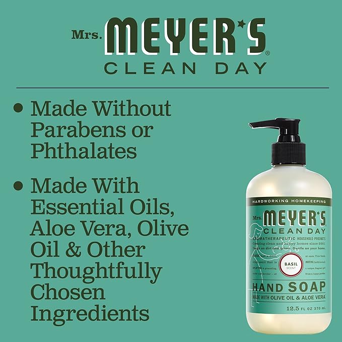 MRS. MEYER'S CLEAN DAY Hand Soap, Made with Essential Oils, Biodegradable Formula, Basil, 12.5 fl. oz - Pack of 3