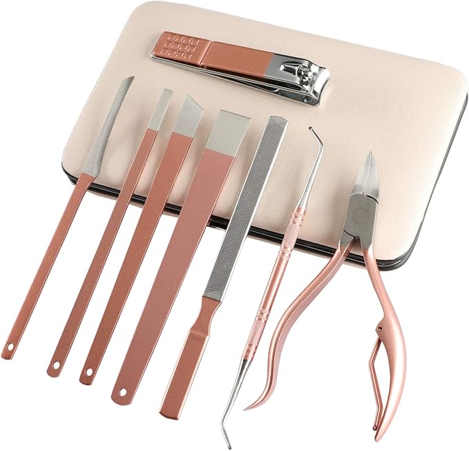 Professional Pedicure Manicure Tools Kit - Erkangsm 8 in 1 Stainless Steel Pedicure Set,Toenail Nipper,Pedicure Knife,Toenail Lifter,Nail Clipper,PU Leather Travel Case,Pink