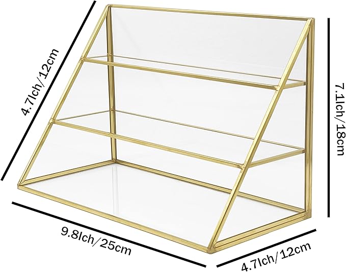 FSyueyun Gold Makeup Organizer Case Vanity, 3 Layers Glass Makeup Storage Cosmetics Organizer Earring Ring Holder Display Case