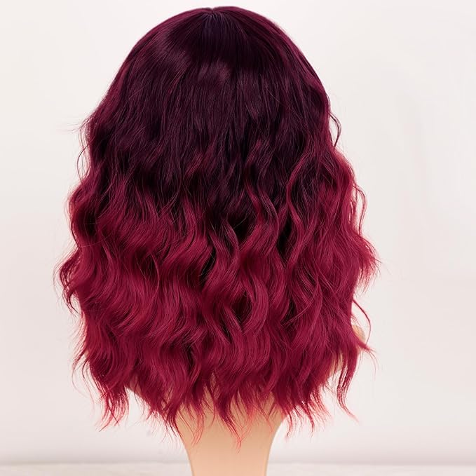 AISI HAIR Synthetic Wavy Curly Bob Wig with Bangs Ombre Dark Red Short Hair Wigs for Women Synthetic Heat Resistant Bob Wigs