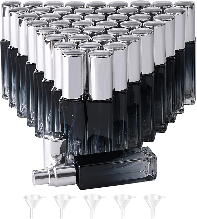 45pcs 10ml Mini Square Spray Bottle Glass Empty Spray Refillable Perfume Bottle Fine Mist Liquid Dispenser for Makeup Skin Care (Silver Cap)