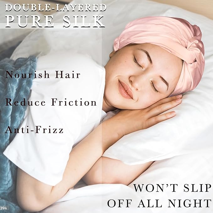 Simnice 100% Mulberry Silk Bonnet for Women - Silk Hair Bonnet with Elastic for Long Curly Hair, Double Layered Sleep Caps for Women, Light Pink