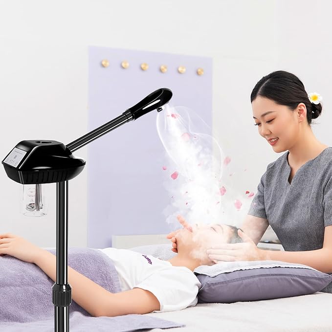 Professional Facial Steamer, Face Steamer on Wheels, Esthetician Beauty Face Equipment with More Steam for Clean Skin and Moisturizes, Adjustable Height and Angle for Beauty, Spa and Home Use（Black）