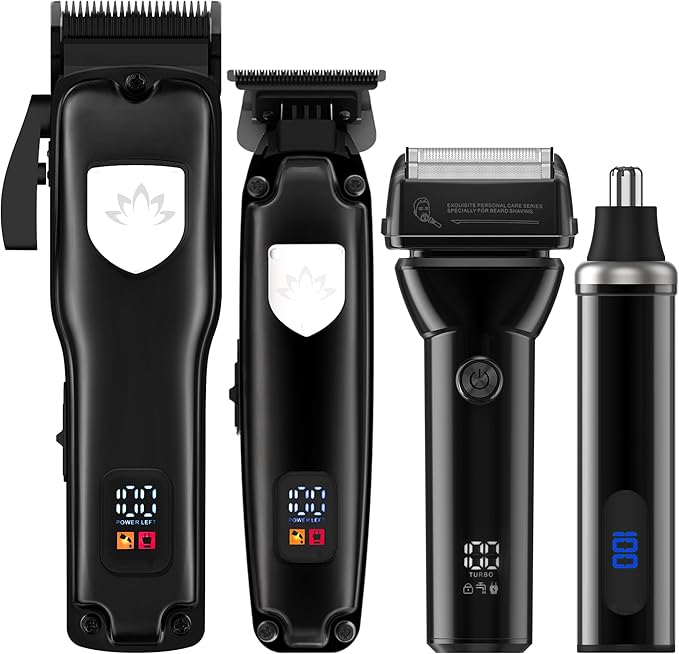 Karrte Professional Hair Clippers and Trimmer Set for Men, T-Shaper Trimmer & Foil Shaver, Nose & Ear Hair Trimmer, Cordless Clippers and Grooming Set, Hair Cutting Kit with LED Display Black