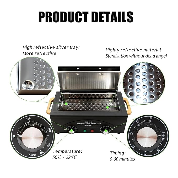 High Temperature Metal Tool Cleaning Box,Misforu 2L Dry Heat Cabinet High Temp with Stainless Tray Timer and Handle for Nail Art Tool Salon Hairdressing Tool Earrings 300W 110V (Black)