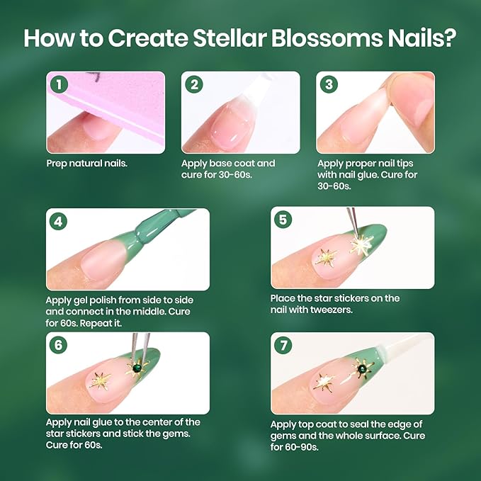 Beetles Spring Summer Gel Nail Polish Set Green Gel Polish White DIY Nail with Base and Top Coat Stellar Blossoms French Nails Stickers for Party Gift for Women