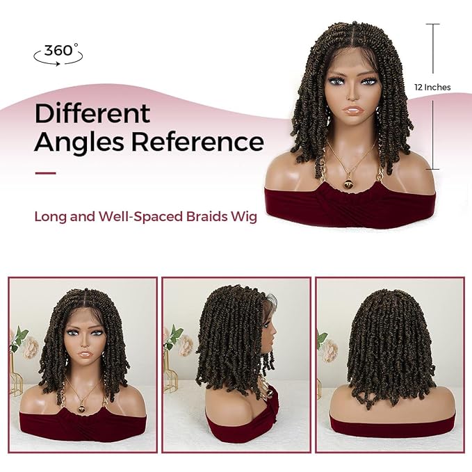 12 Inch Short Spring Twist Wig for Black Women, Ombre Brown Knotless Full Lace Wig With Baby Hair