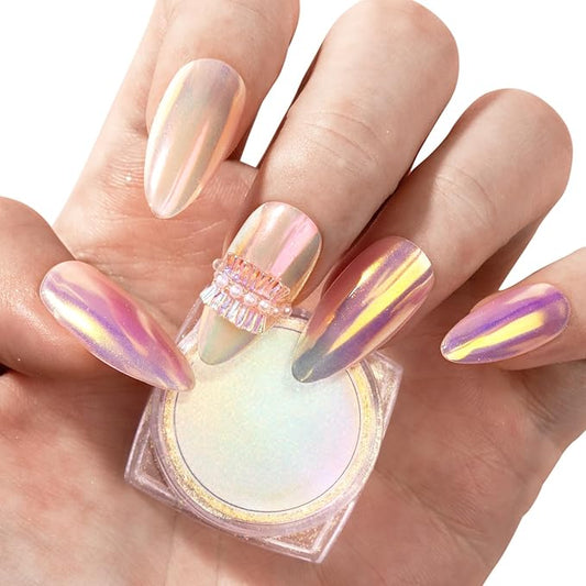 MelodySusie Unicorn Chrome Nail Powder,Ice Transparent Aurora,Mirror Effect,Color Changing Pearlescent,Multi-color Chrome Rainbow Pigment Super Shiny,Suitable for Home DIY Nail Salon