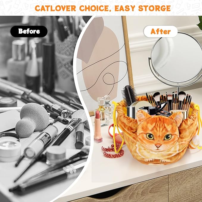 Drawstring Makeup Bag - Travel Organizer, Cosmetic Pouch, Cat Gift for Women, Lay Flat Bag for Cat Lovers