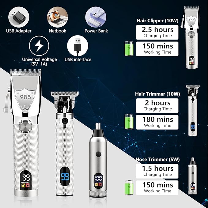 Professional Hair Clippers for Men, Electric Cordless Clippers and Trimmers Set, Nose Hair Beard Trimmer, Hair Cutting Barber Clippers with Guards, T Liners Edgers Clippers for Mens (Silver)
