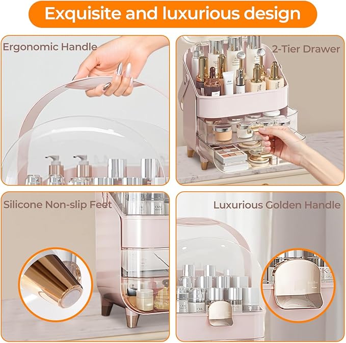 IUI Make up Organizer, 2 Drawer Make up Organizers for Vanity, DustProof Skincare Organizers with Lid, Large Cosmetic Display Cases for Vanity, Bathroom, Countertop, Gifts for Women Girls, Pink