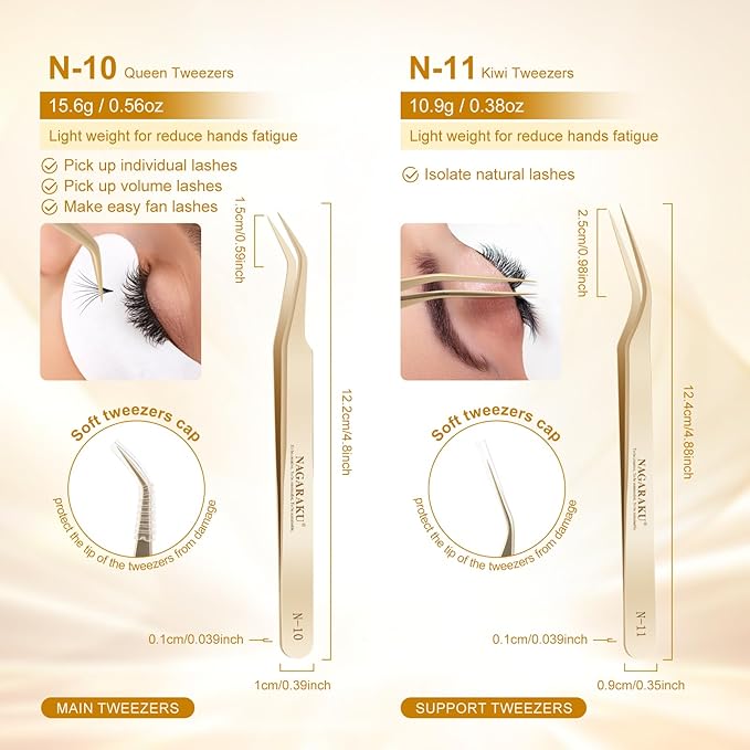 NAGARAKU 1 Pair Eyelash Extension Tweezers Set, Gold Curved Volume Make Fans Isolation Lash Tweezers Precision Pinzas Light Weight Easy Fanning Stainless Steel Precision for Lashes (N-10 & N-11)