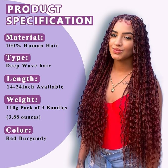 Human Braiding Hair For Boho Braids Deep Water Wave Human Bulk Hair for Braiding 12A Brazilian Virgin Human Hair Extensions for Boho Braids 3 Bundles/Pack 110g 99J Red Burgundy 20inch