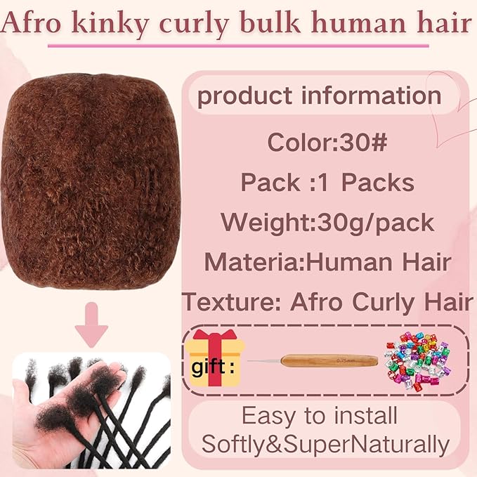 Afro Kinkys Bulk Human Hair for Dreadlock Extensions,Repair Locs, Twists and Braids, 30 Gram Each Package 100% Human Hair Afro Kinky Bulk Can be Dyed and Bleached (Auburn 30# 8inch)