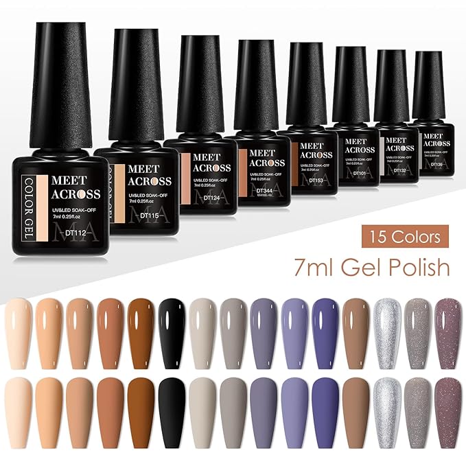 MEET ACROSS Brown Nude Gel Nail Polish Set Chocolate Gel Polish Kit All Seasons Gray Dark Tan Taupe Nail Gel Polish Soak Off UV Nail Design Home Diy Gift for Women 18pcs*7ml