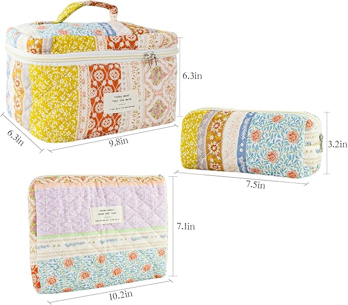 3Pcs Makeup Bag Cotton Quilted Travel Cosmetic Bag Cute Floral Makeup Pouch Large Toiletry Bag for Women Girls (Flower stitching)