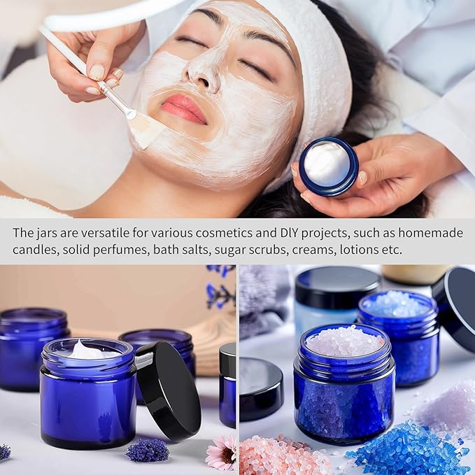 KEYWING 2oz Small Glass Jars with Black Lids, 35 Pack Blue Round Glass Cosmetic Jars with Inner Liners for Cream, Lotions, Powders and Ointments