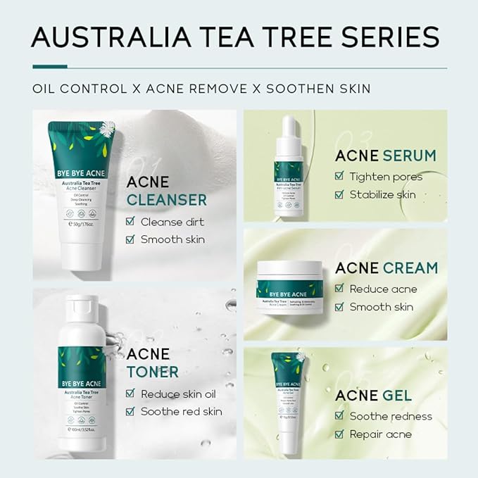 Skin Care Set,Acne Treatment for Face Skin Care Sets & Kits,Tea Tree Essential Oil Facial Skincare Gift Set with Cleanser,Toner,Serum,Gel, Acne Treatment Kit Cream Skin Care for Teens 10-12 Girls Boys