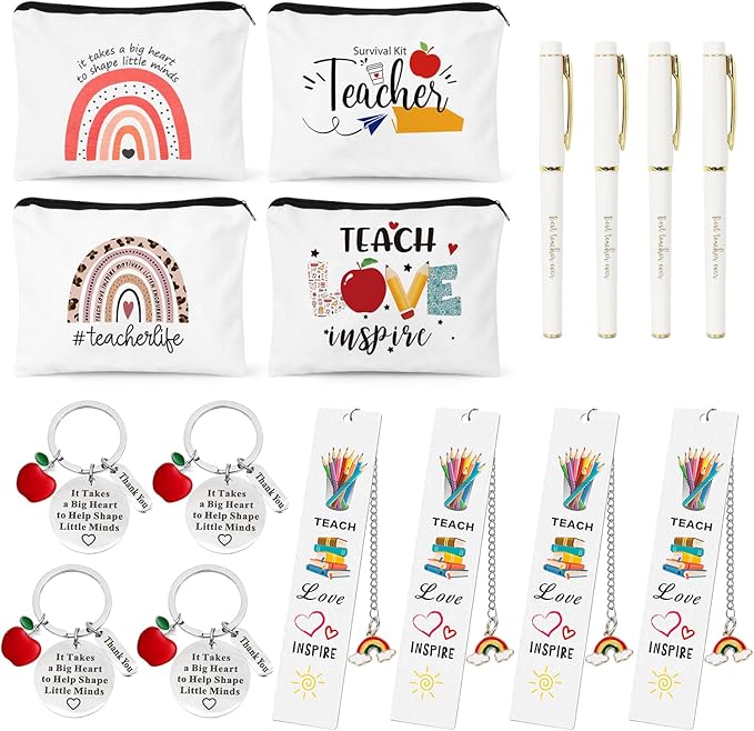 UAREHIBY 16 PCS Teacher Gifts in Bulk,Thank You Teacher Gifts With Makeup Bags,Teacher Appreciation Week Keychain,Bookmark Gifts for Teachers,Best Teacher Ever Pen Gifts,Christmas Gifts
