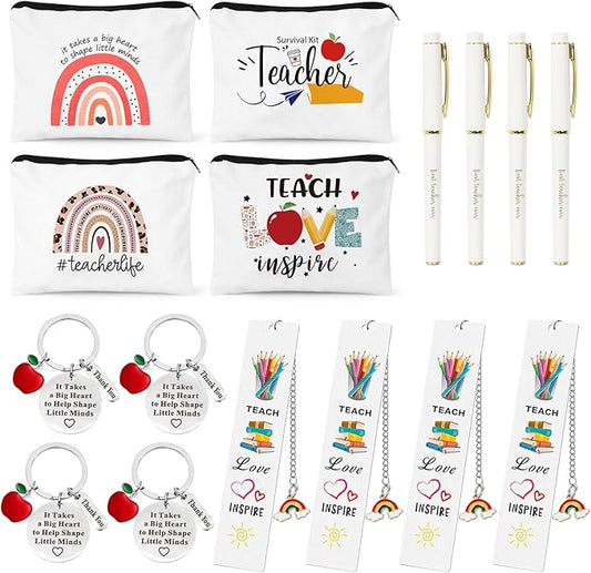 UAREHIBY 16 PCS Teacher Gifts in Bulk,Thank You Teacher Gifts With Makeup Bags,Teacher Appreciation Week Keychain,Bookmark Gifts for Teachers,Best Teacher Ever Pen Gifts,Christmas Gifts
