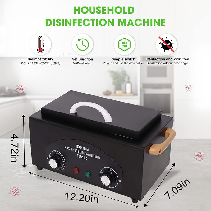 Sterilizer for Nail Tools 1.5L 110V 300W High Temperature Metal Clean Box with Adjustable Timer Temperature Sterilizer Cabinet for Manicure SPA Salon Metal Hairdressing Tool Equipment(black)