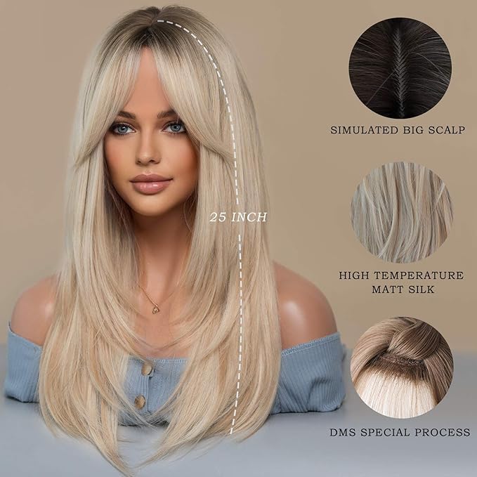 7JHH WIGS Long Blonde Wig with Bangs for Women,Heat Resistant Fiber 25 Inch Layered Synthetic Hair Wigs with Dark Roots for Daily Use