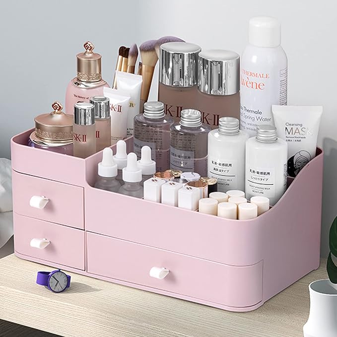 skin care organizer,Makeup Desk Organizer With Drawers,Countertop Organizer for Cosmetics,Vanity brush with Holder for Lipstick, Brushes, Eyeshadow, and Desktop Finishing Dresser (A-Large-pink)