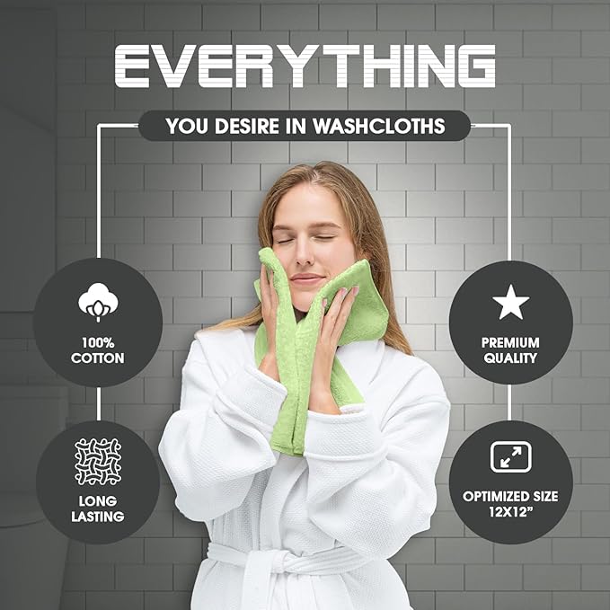 Oakias 100% Cotton Wash Cloths 60 Pack Sage Green - 12 x 12 Inches Ring Spun Cotton Facial Towels - Highly Absorbent Quick Dry Spa Towels - Bulk Washcloths Ideal for Scrubbing and Cleaning