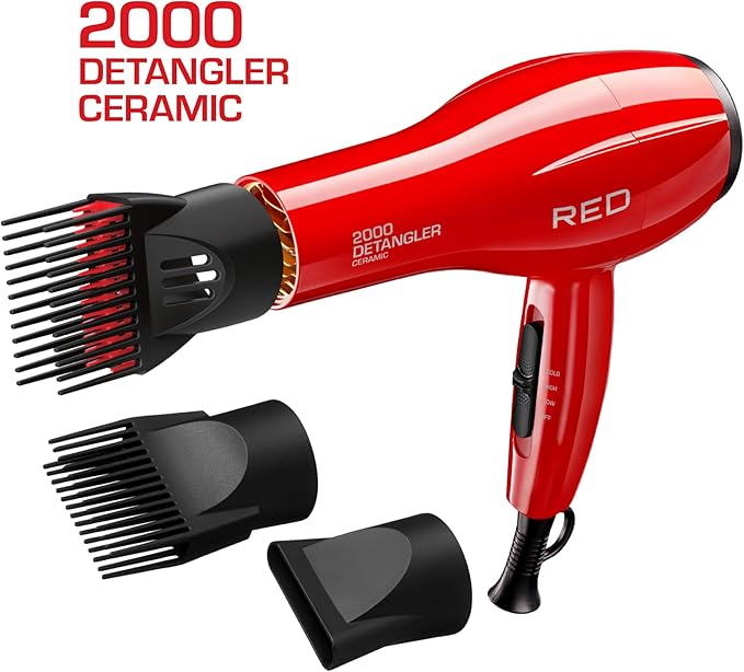 RED by KISS 2000 Ceramic Hair Dryer, Professional Salon Blow Dryer 3 Attachments Included, 2 Detangler Piks, 1 Air Concentrator (Red)