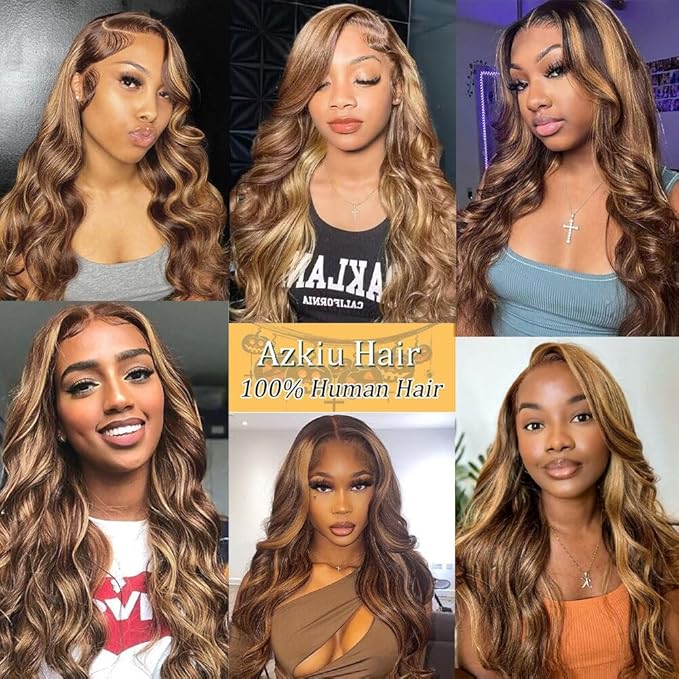 Azkiu Highlight Ombre Lace Front Wig Human Hair 4/27 Honey Blonde lace Frontal Wigs Pre Plucked with Baby Hair 13x4 Colored Body Wave HD Lace Front wig Human Hair Natural Hairline 150% Density18Inch
