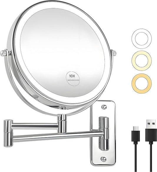 JANEEVA 10X Wall Mounted Lighted Makeup Mirror, Rechargeable Double Sided 1X/10X Magnifying Vanity Mirror with 3 Color Lights, Touch Dimmable, Extended Arm 360° Rotation, 8 inch