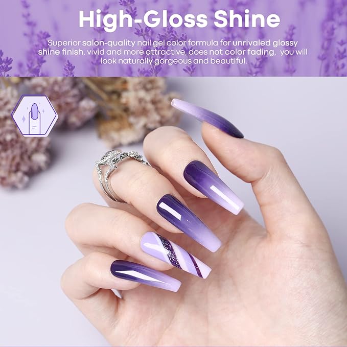modelones Gel Nail Polish Set- Purple 6 Colors Gel Polish Set Glitter Nail Polish Gel Soak Off LED Nail Art Manicure Christmas Holiday Gel Nail Kit Gift Set for Women DIY Home Salon