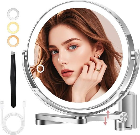1X/20X Rechargeable Wall Mounted Lighted Makeup Mirror, 8" Magnifying Mirror with 3 Color Dimmable Lights for Bathroom, Built in 2000mAh Battery, 360° Rotation Vanity Mirror Extendable Arm