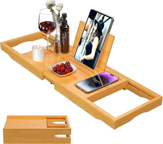 Premium Bathtub Caddy Tray,Expandable Bamboo Bath Tray for Tub,Foldable Minimalist Bathroom Accessories with Book Stand for Home Spa Relaxing,Unique House Warming Gifts,Natural