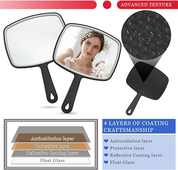 Qunclay 10 Pcs Large Hand Mirror Handheld Mirror with Handle Multi Purpose Barber Mirror with Distortion Free Reflection for Vanity Makeup Salon Travel Use (Multicolor,7.3'' W x 10.3'' L)