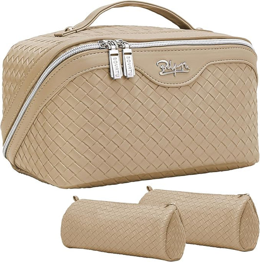 BOYATU Travel Makeup Bags for Women: Large Cosmetic Bag with Compartments - Vegan Leather Make up Bag Set of 3 - Protable Toiletry Organizer (L13 Apricot)