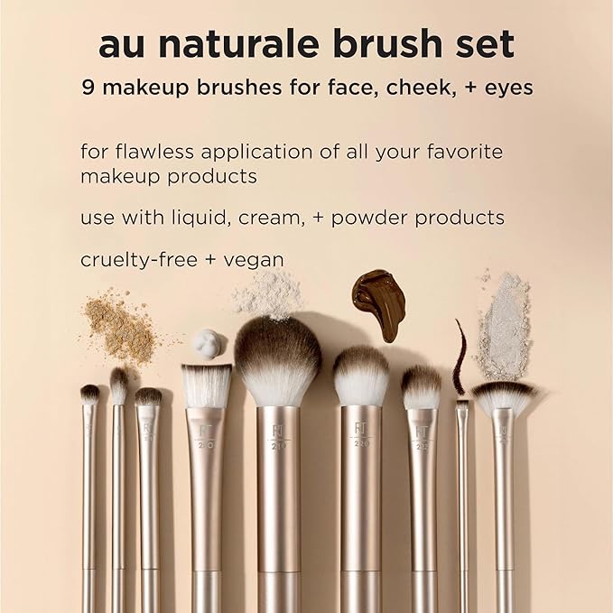 Real Techniques 9 Piece Au Naturale Makeup Brush Set, For Liquid, Cream, & Powder Eyeshadow, Foundation, Blush, Bronzer & Contour, Travel Friendly Brushes, Gift Set, Cruelty-Free Bristles