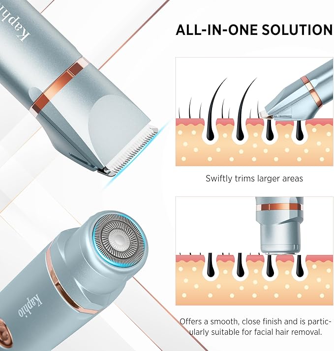 Electric Bikini Trimer Shaver Women: 2 in 1 IPX7 Waterproof Wet & Dry Use Body Hair Trimmer and Facial Hair Remover - Rechargeable Hair Removal Kit for Bikini Underarm Leg Arm Body Face