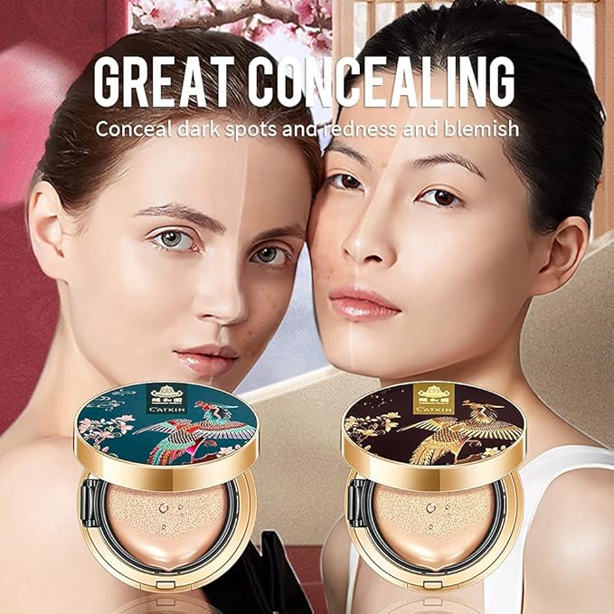 CATKIN 2Pcs Makeup Set Includes BB Cream Air Cushion Foundation C01 and C02 with Free Refill Moisturizing Natural Cover Concealer Long-lasting Makeup Oil Control Crossover Summer Palace