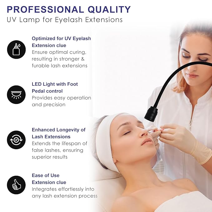 12W UV Lash Light with Foot Pedal, Rapid Dry in 2 Seconds Lash Lamp for Eyelash Extension Grafting Eyebrow Beauty Salon, Adjustable Angle and Light Spot Size, Lash Light for Eyelash Tech (Black)