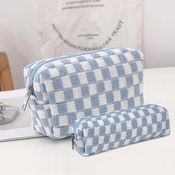 2pcs Checkered Cosmetic Bag, Plaid Makeup Bag for Women, Y2k Accessories Aesthetic Make Up Bag, Large Capacity Pencil Case Makeup Brushes Storage Bag Travel Toiletry Bag Organizer