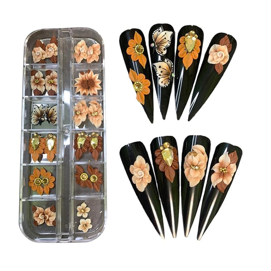 3D Acrylic Flower Nail Art Charms Handmade by Acrylic Powder - 24pcs Flowers Nail Rhinestones Kit 3D Crystal Nail Pearls Design Acrylic Nail Art for Women (Brown)
