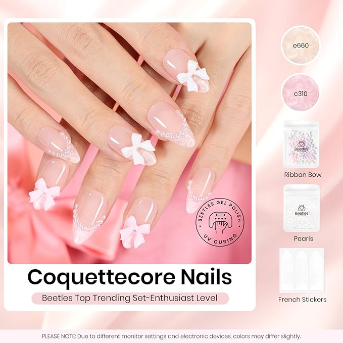 Beetles Gel Nail Polish Gift Set, Beetles X DIY Nail Songs of Ballet Nail Trend Set Pearl nail polish with Nail Charm Ribbon Bow Pearls French Stickers DIY Collection home Salon Gift for Women